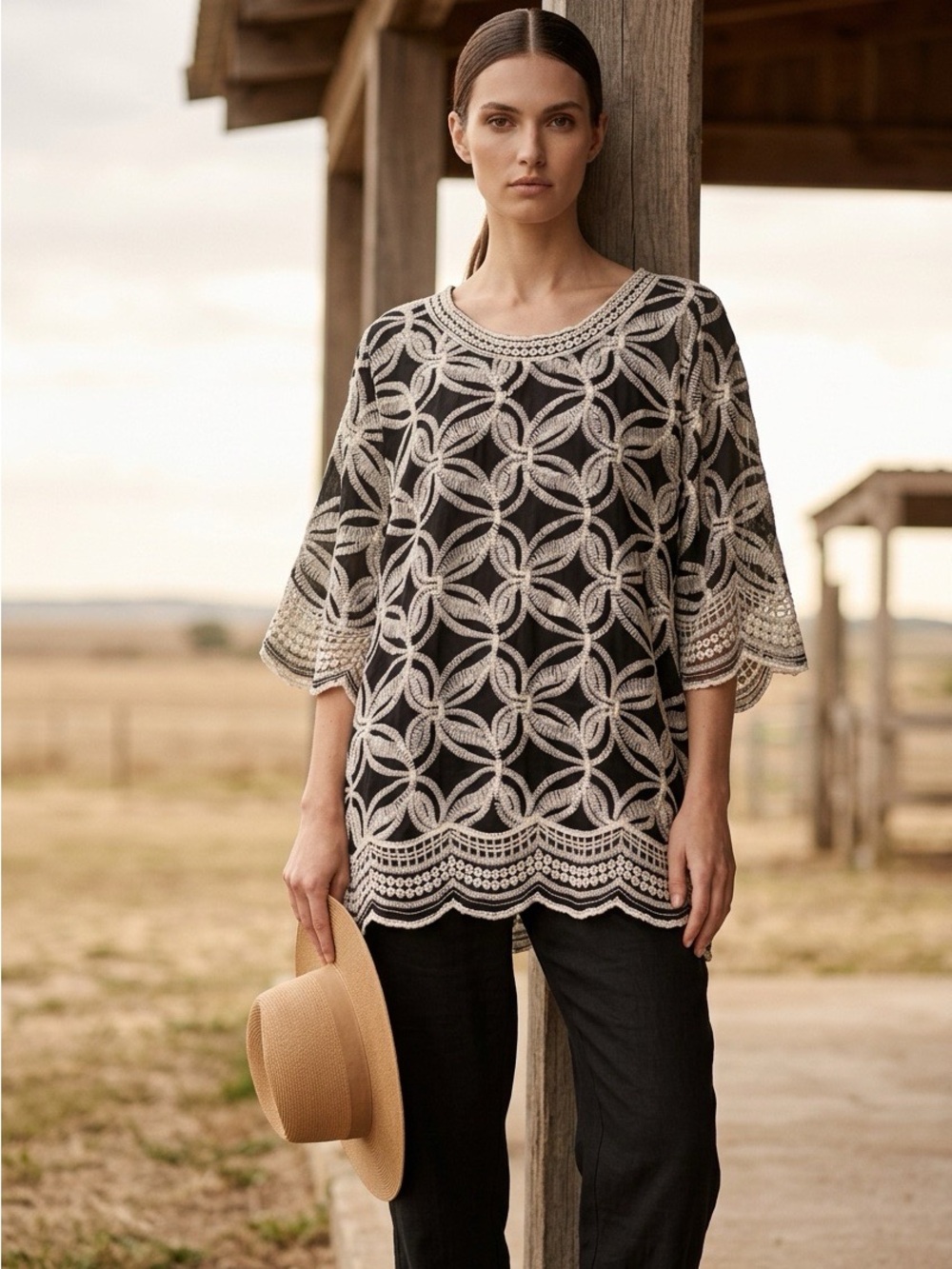 Anthropologie Black Tunic with Cream Lace Overlay